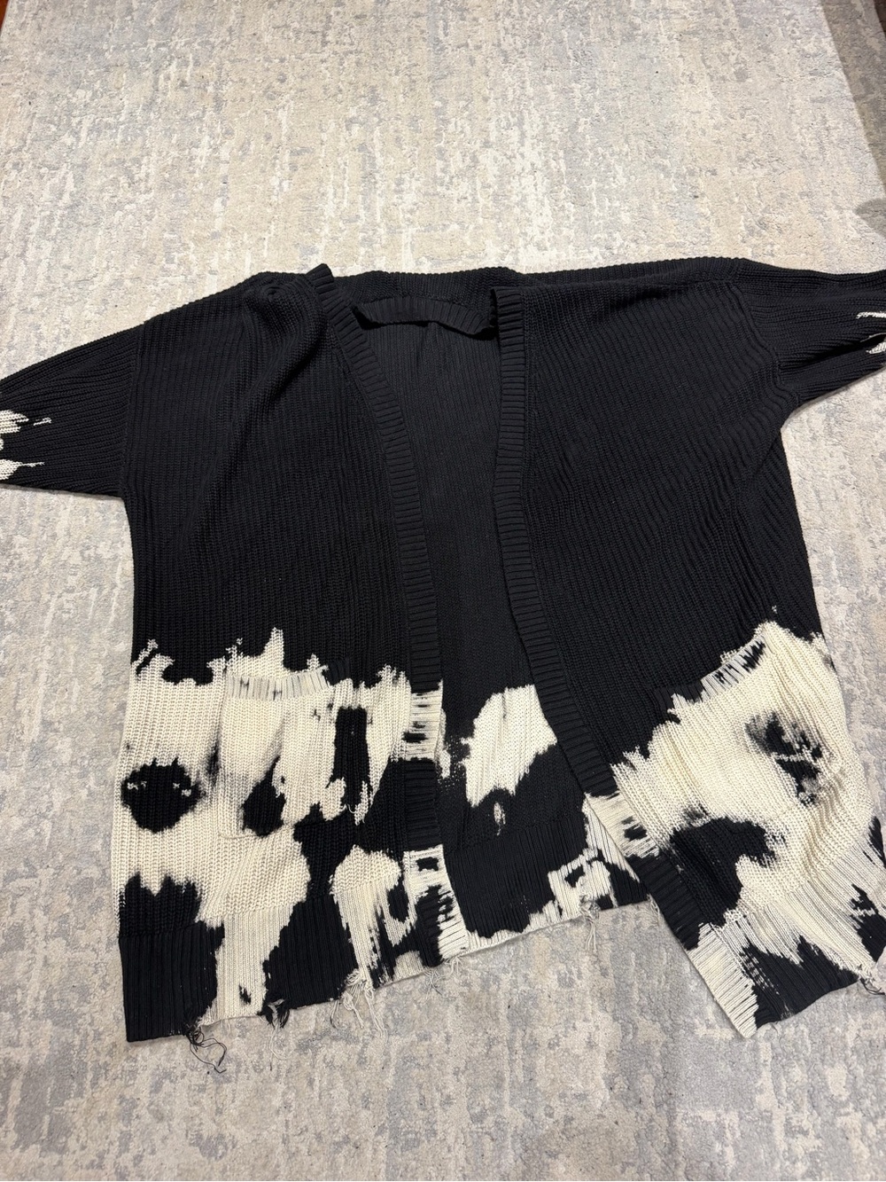 Distressed Black and Cream Open-Front Knit Cardigan